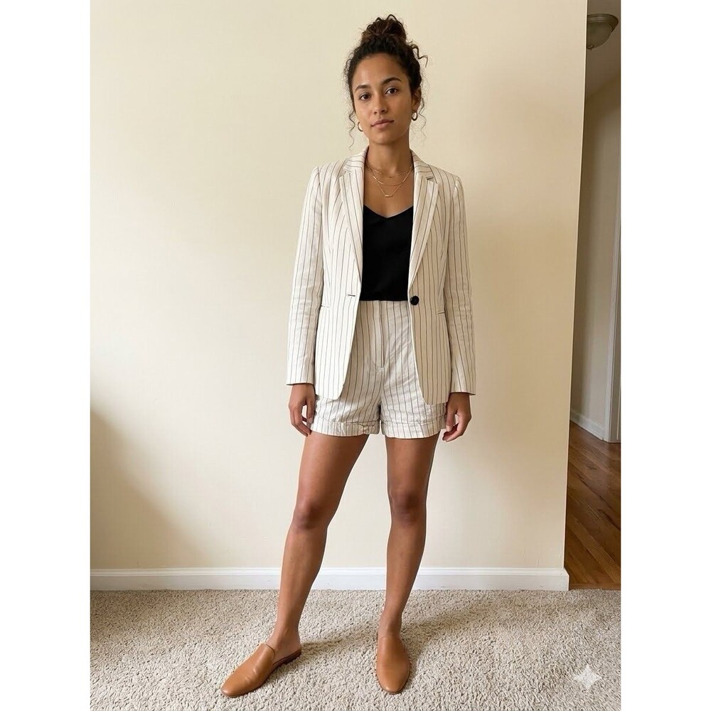 Ann Taylor Petite 2P Linen Striped Shorts Suit Set Blazer Notch 1-Button